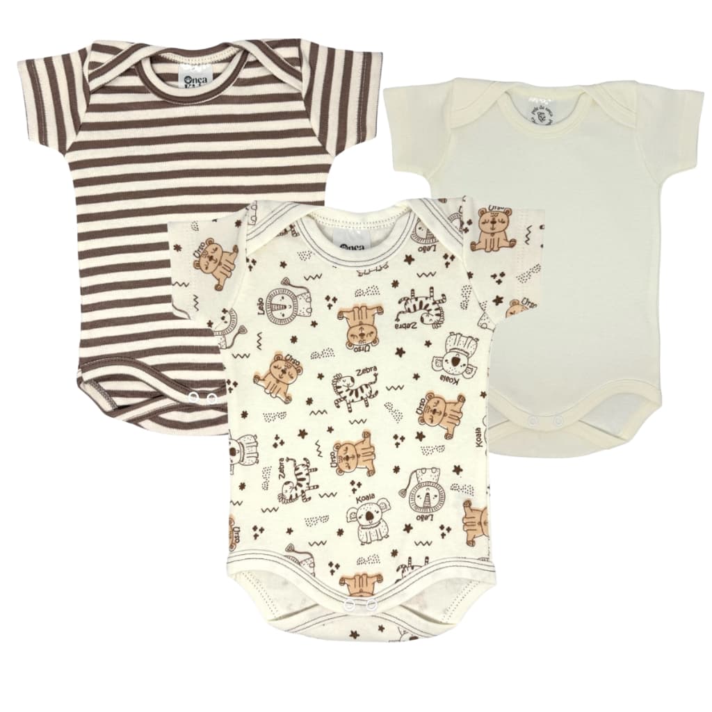 Kit Body Bebê Listrado Marrom OffWhite 100% Algodão Hipoalergênico Maternidade Enxoval
