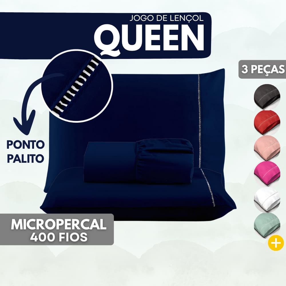 Jogo de Lençol Casal Queen 3 Peças 400 Fios - MICROPERCAL - Acabamento Ponto Palito 2 Fronhas