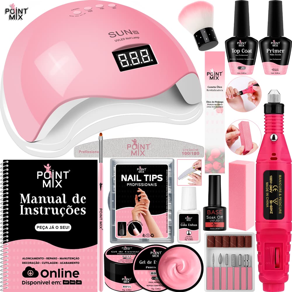 Kit Unha de Gel com Cabine Sun 5 48W Gel Tips Base Top Primer Cola Lixa Pincel Óleo Completo