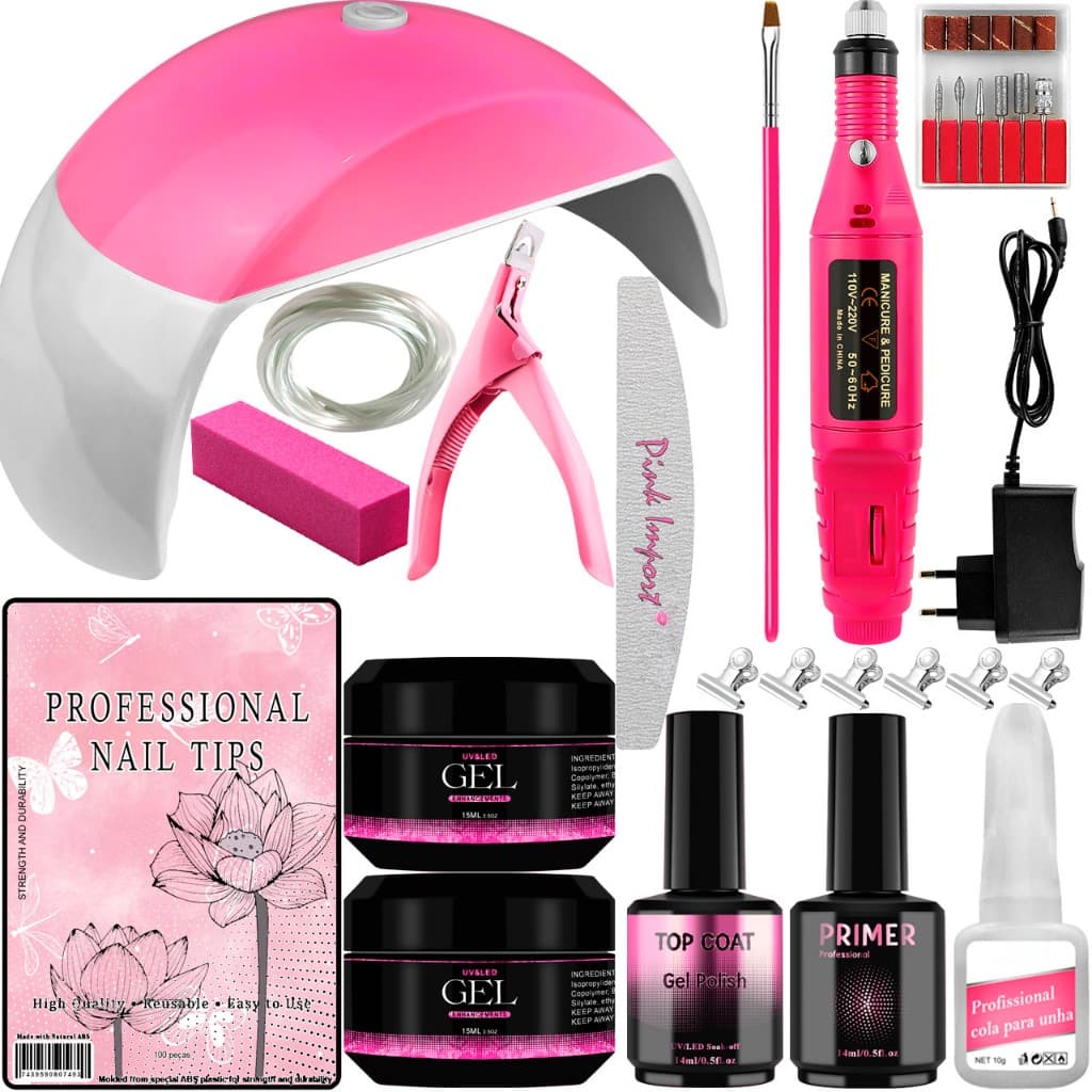 Kit Unha Gel Acrigel Fibra Para Iniciantes Completo Cabine de Unhas e lixadeira elétrica Manicure