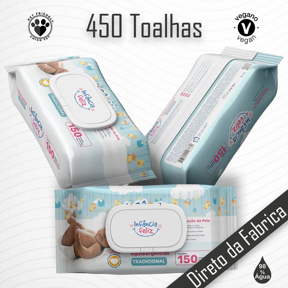 Kit 03 Pacotes Toalhas Umedecidas INFÂNCIA FELIZ - 150 Folhas - Vegano - 98% Água
