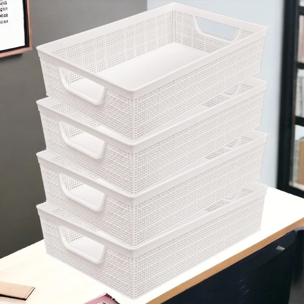 Kit 4 Cestos Organizadores Multiuso Empilhável Plástico Casa Cozinha Banheiro Quarto Rattan