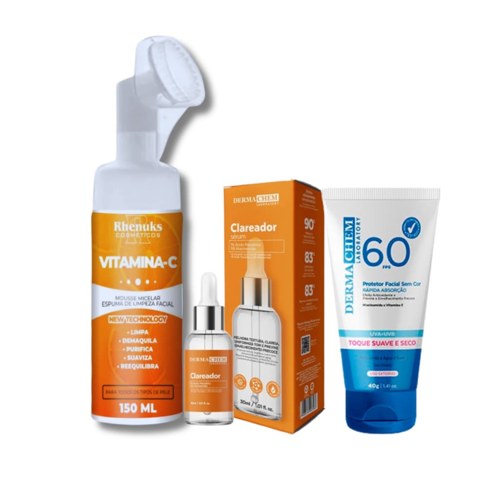 Mousse Micelar Vitamina C  Rhenuks+Sérum Clareador Dermachem+ Protetor Solar FPS60 Sem cor Dermachem