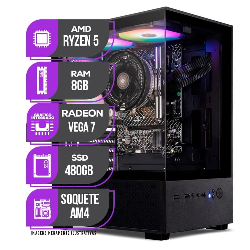 PC Gamer Mancer, AMD Ryzen 5 5600GT, Vega 7, 8GB DDR4, SSD 480GB, Fonte 400W 80 Plus