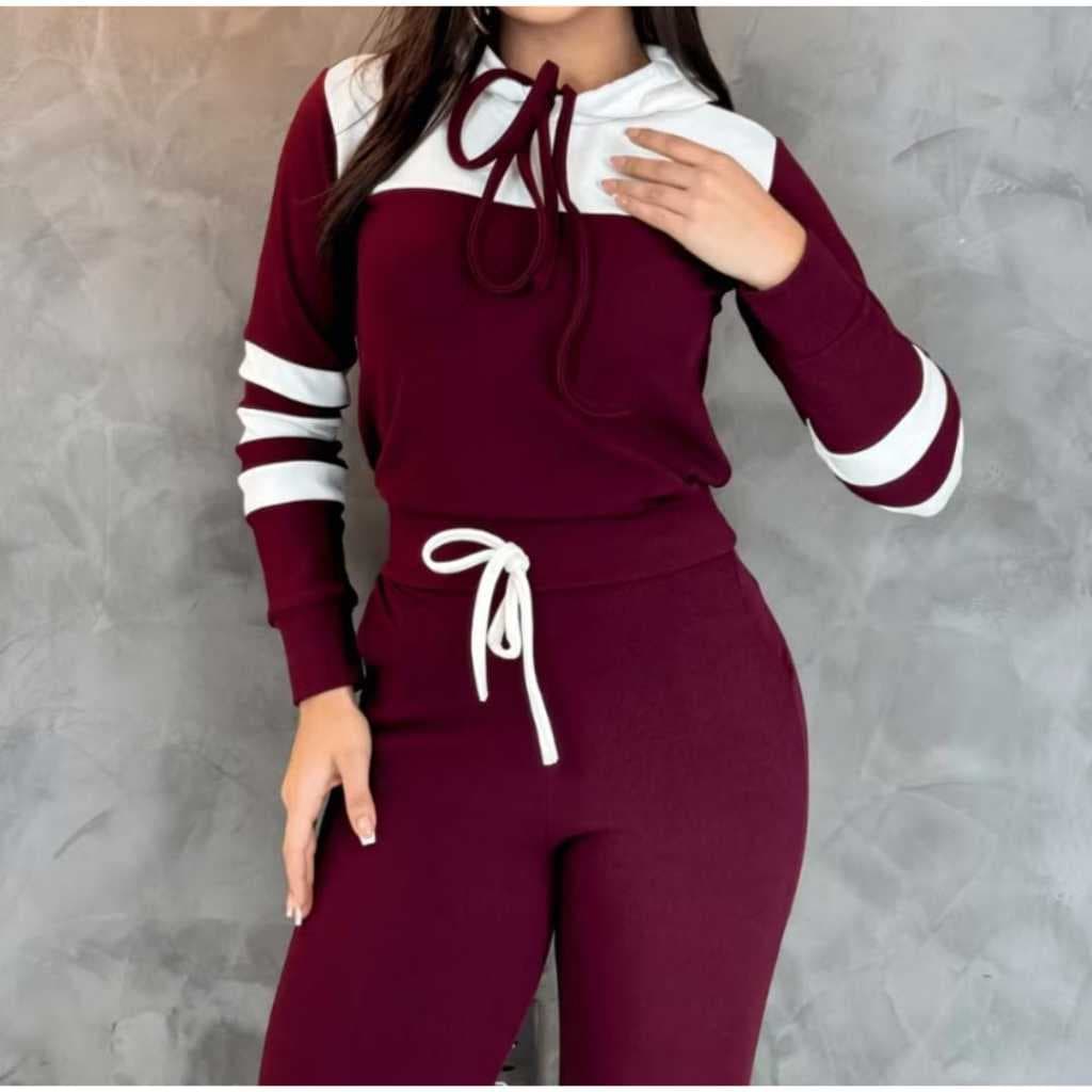 CONJUNTO INVERNO,MOLETOM FEMININO,COM DETALHES NO BRANCO SUPER ESTILOSO