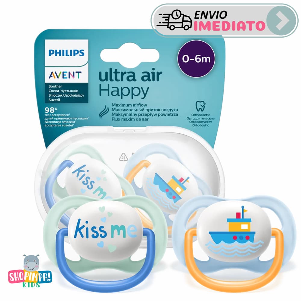 Kit 2 Chupetas Philips Avent Ultra Air Bebê 0-6m Bebê Menino Kiss Me