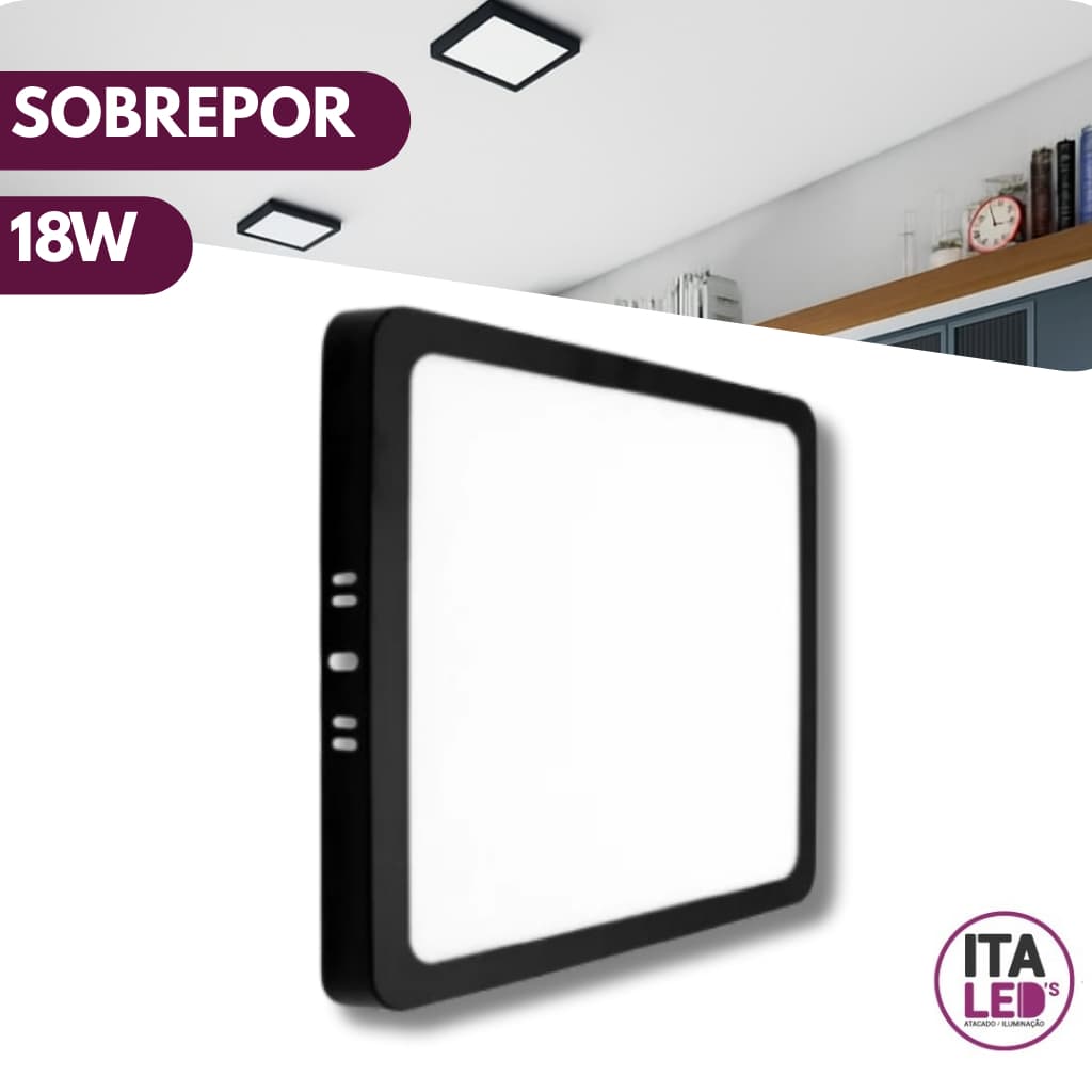 Luminária Painel Plafon Led 18W Preto Quadrado Sobrepor Branco Frio 6500K Bivolt