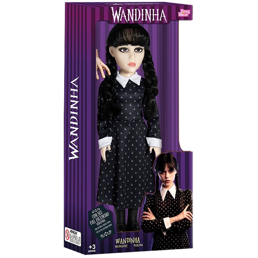 Boneca Wandinha com Mãozinha 44cm Articulada Original Baby Brink Brinquedo Infantil Meninas Vestido