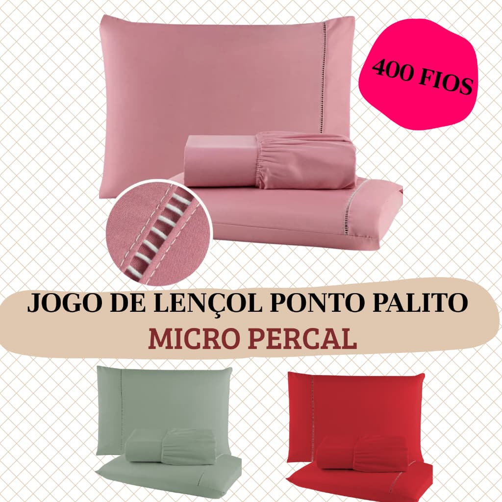 Lençol Queen Casal Solteiro c/ Elástico Jogo de Cama Lençol 400 Fios 3 Peça Micropercal Ponto Palito