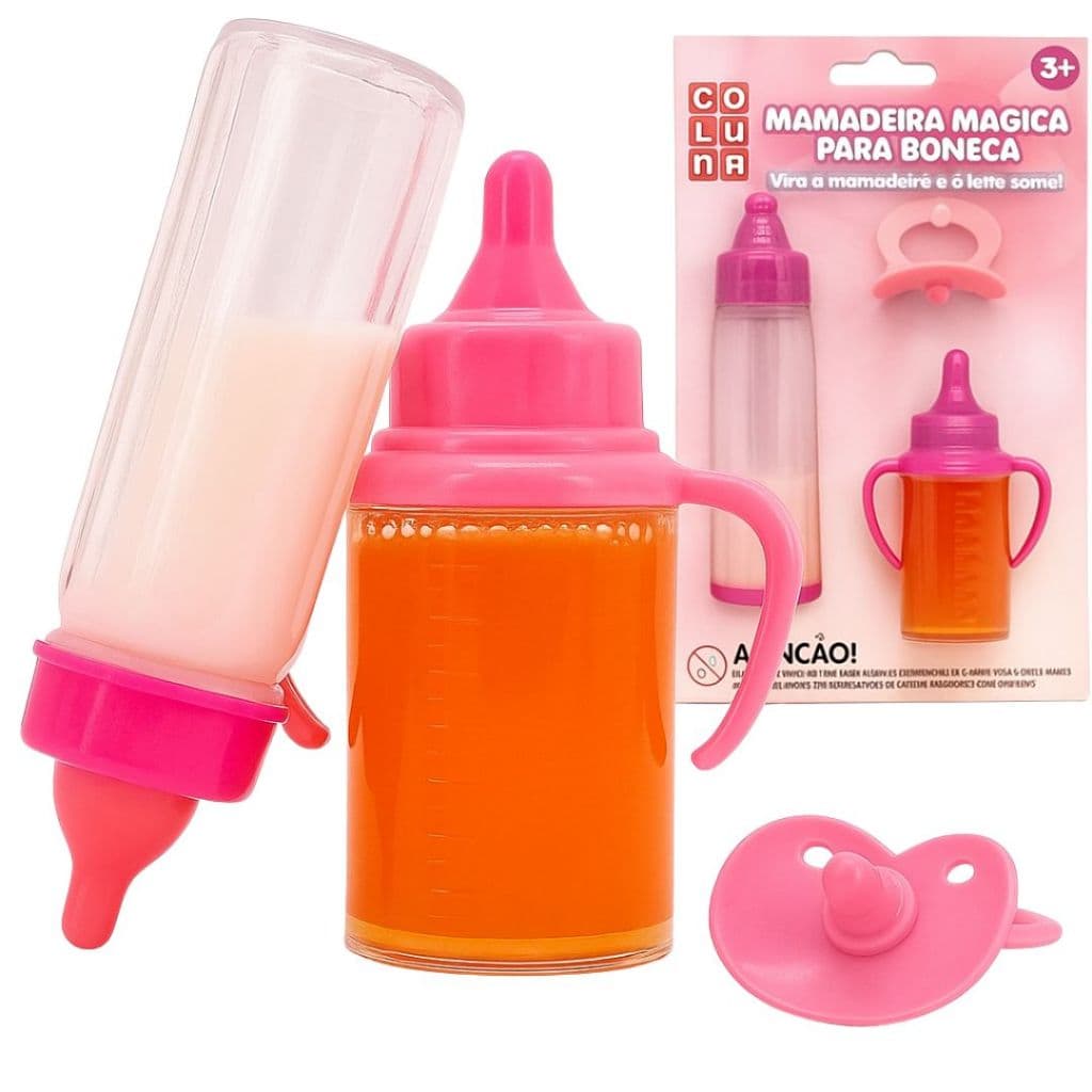 Kit Mamadeira Mágica Para Boneca Com Leite Suquinho E Chupeta