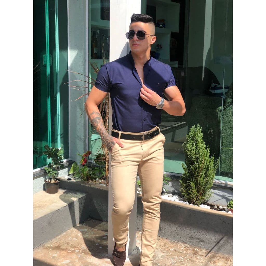 Camisa de Botao Gola Padre Social Slim Masculina Premium