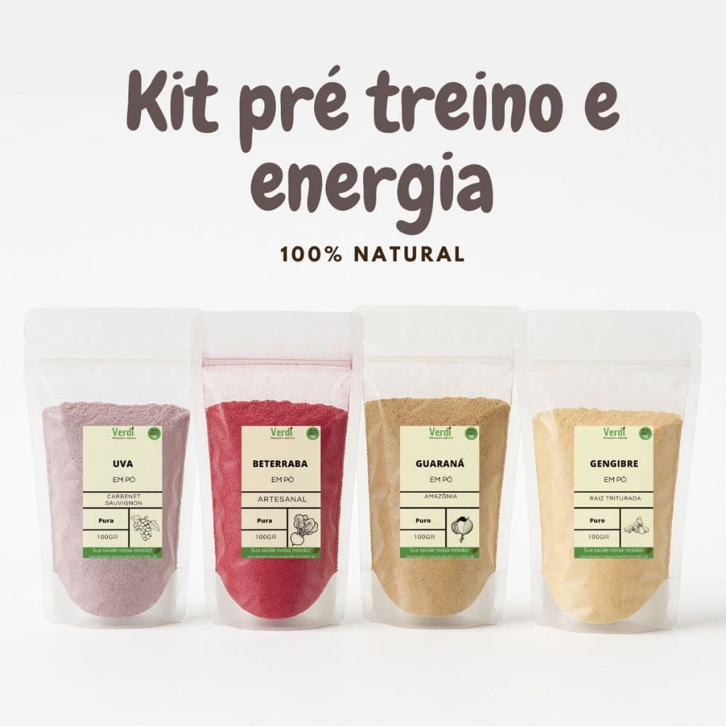kit pre treino energetico puro: farinha de beterraba, farinha de uva roxa, gengibre e guarana natura