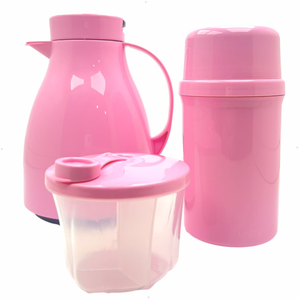 Conjunto UniBaby 3 Pçs Garrafa Fano Garrafa Térmica Recipiente Dosador Leite em Pó Infantil Cor Rosa