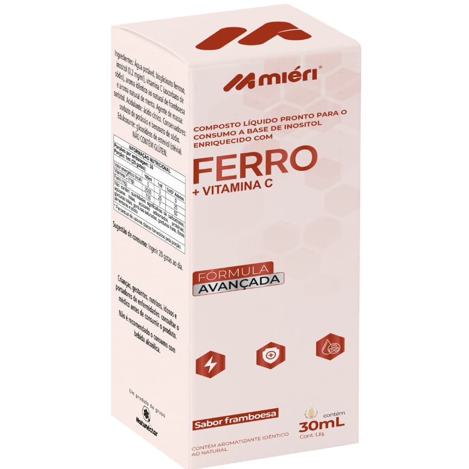 Ferro + Vitamina C em Gotas 30ml Inositol Enriquecido com Ferro - Sabor Framboesa