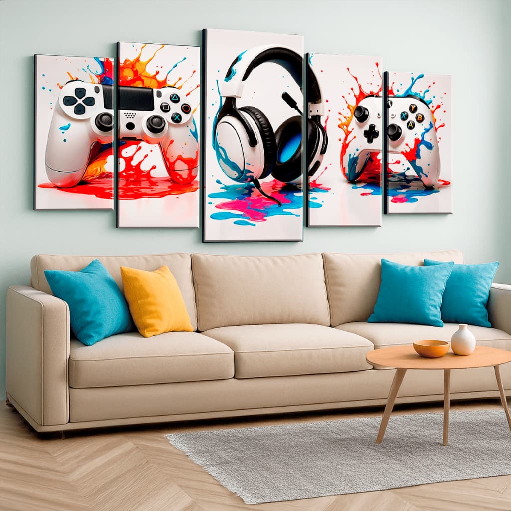 Kit Quadro Decorativo 5 peças Controles Videogame Gamer Quarto Sala 115x60