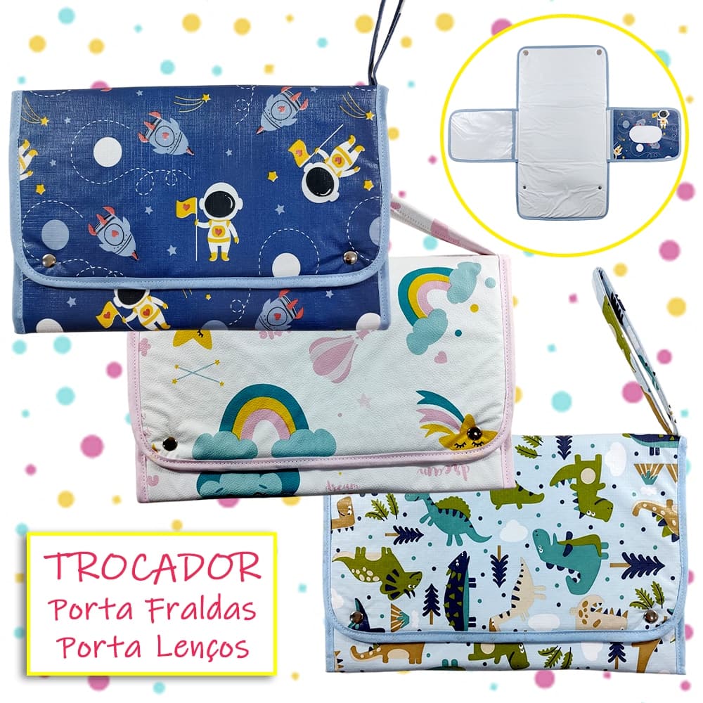 Trocador Impermeável Fralda Pomada e Lenço Umedecido para Bebê presente chá de bebê Safari Dino Rosa Astronauta Azul