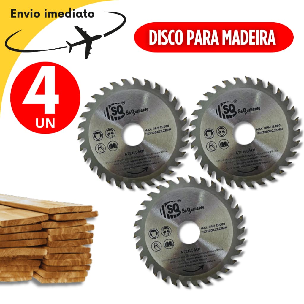 Kit 04 Unidades Disco de Corte p/ Madeira Serra Maquita Esmerilhadeira 24 Dentes 4" Serra Circular 110x24Dx22,23mm