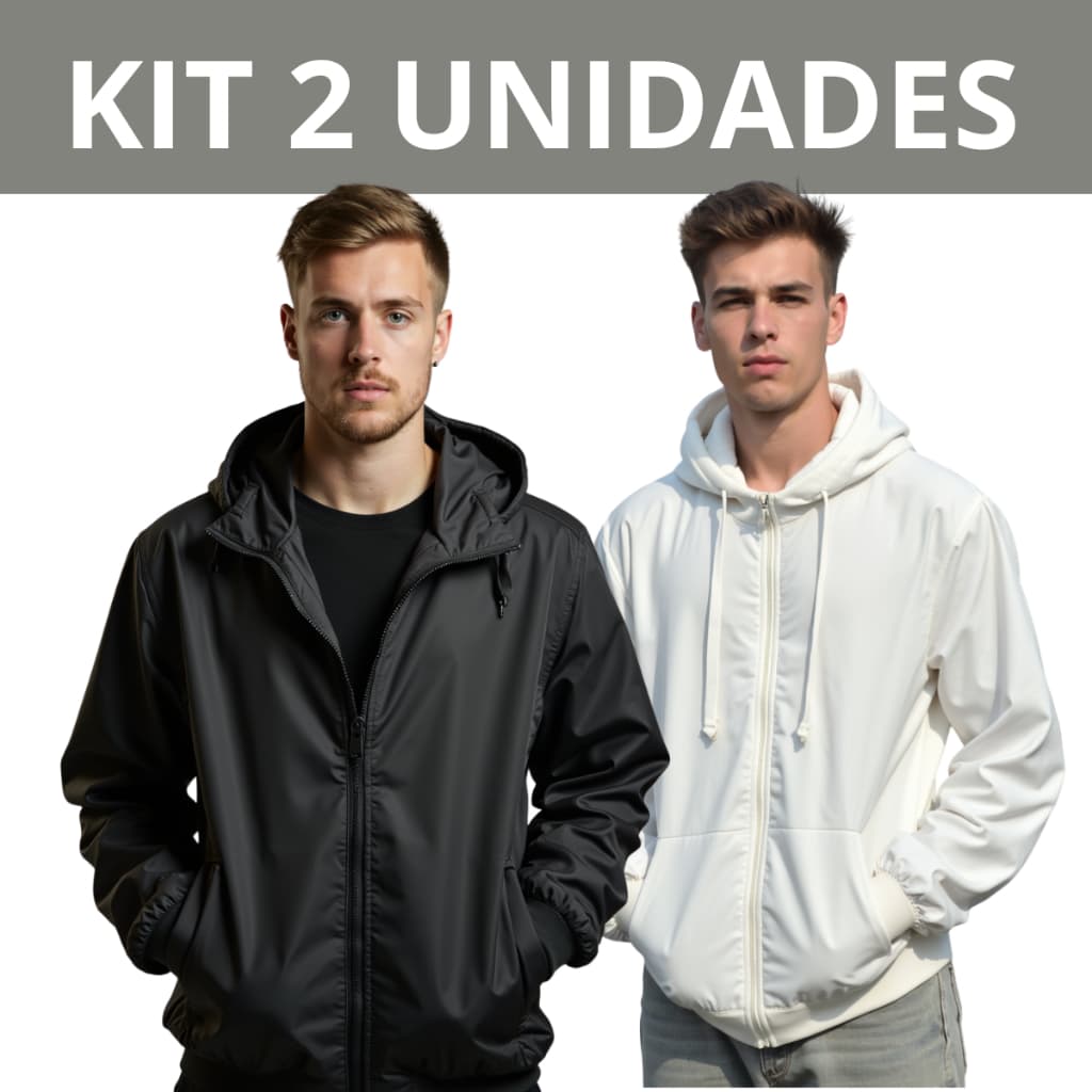Kit combo com 2 Jaquetas Masculinas Corta Vento Agasalho Blusão Forrado com Capuz Preto Branco