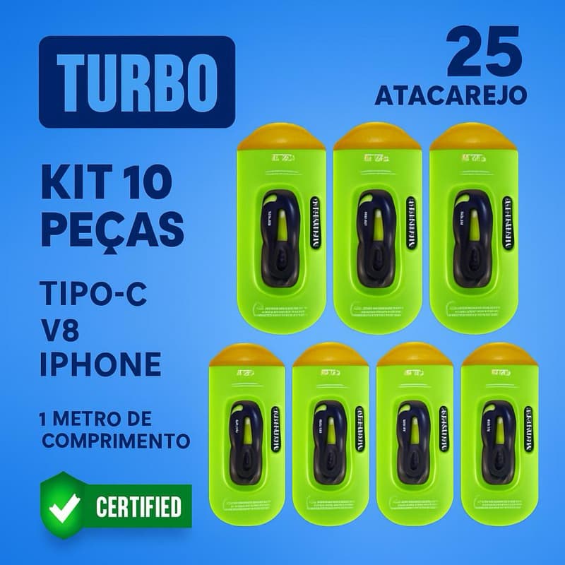 Kit 10 Cabos de Dados Turbo V8 Micro USB Tipo C e iOS Carregador Rápido Atacado Revenda para Celular