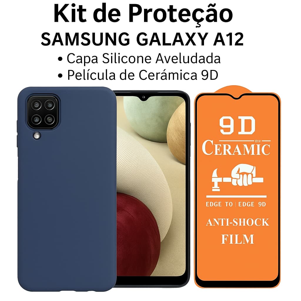 Kit de Proteção Samsung Galaxy A12 - Capa Silicone Case Aveludada + Pelicula de Cerâmica 9D
