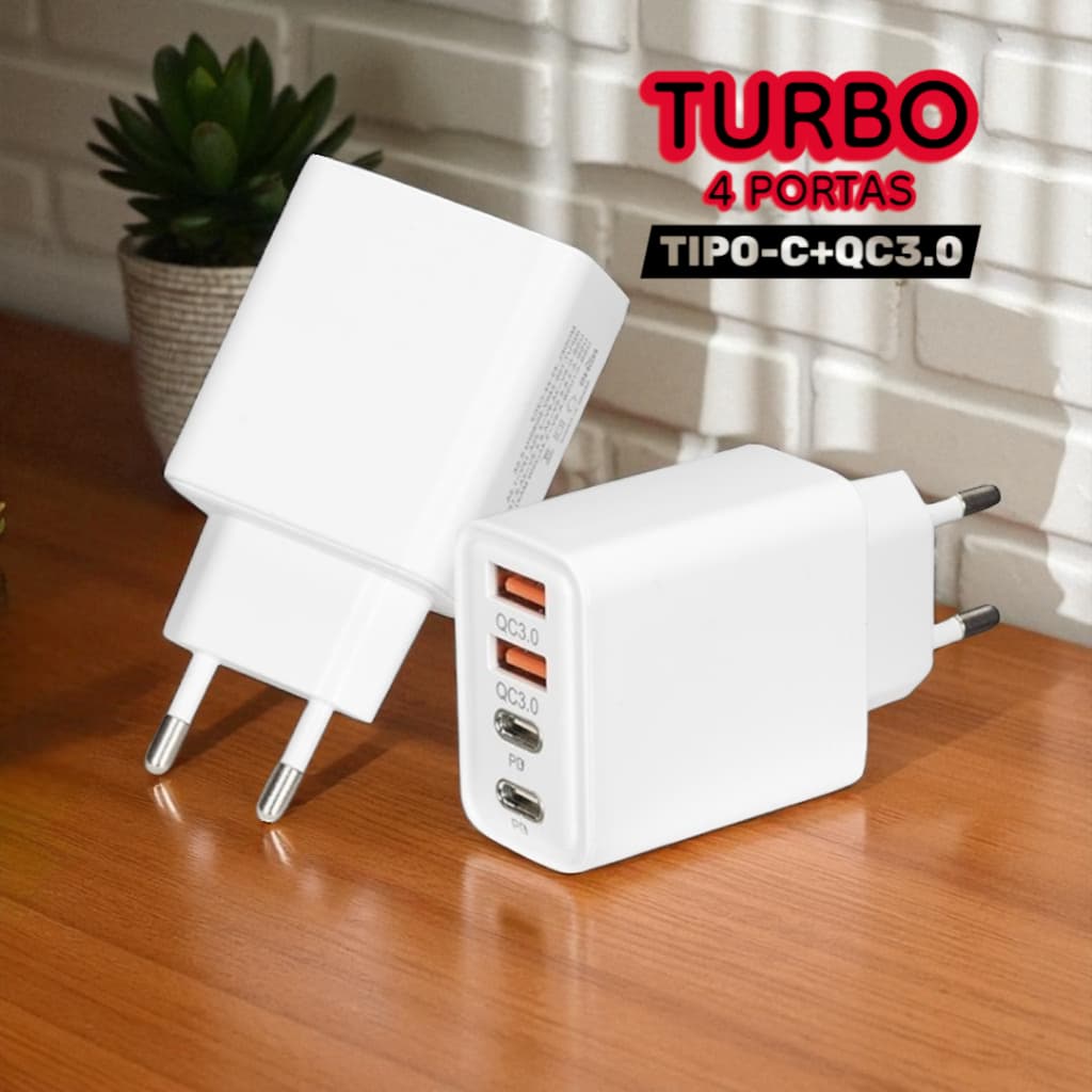 Carregador Rápido USB Tipo‑C 4 Portas USB‑C 3.0 – Carregamento Turbo, Compacto, Power Delivery