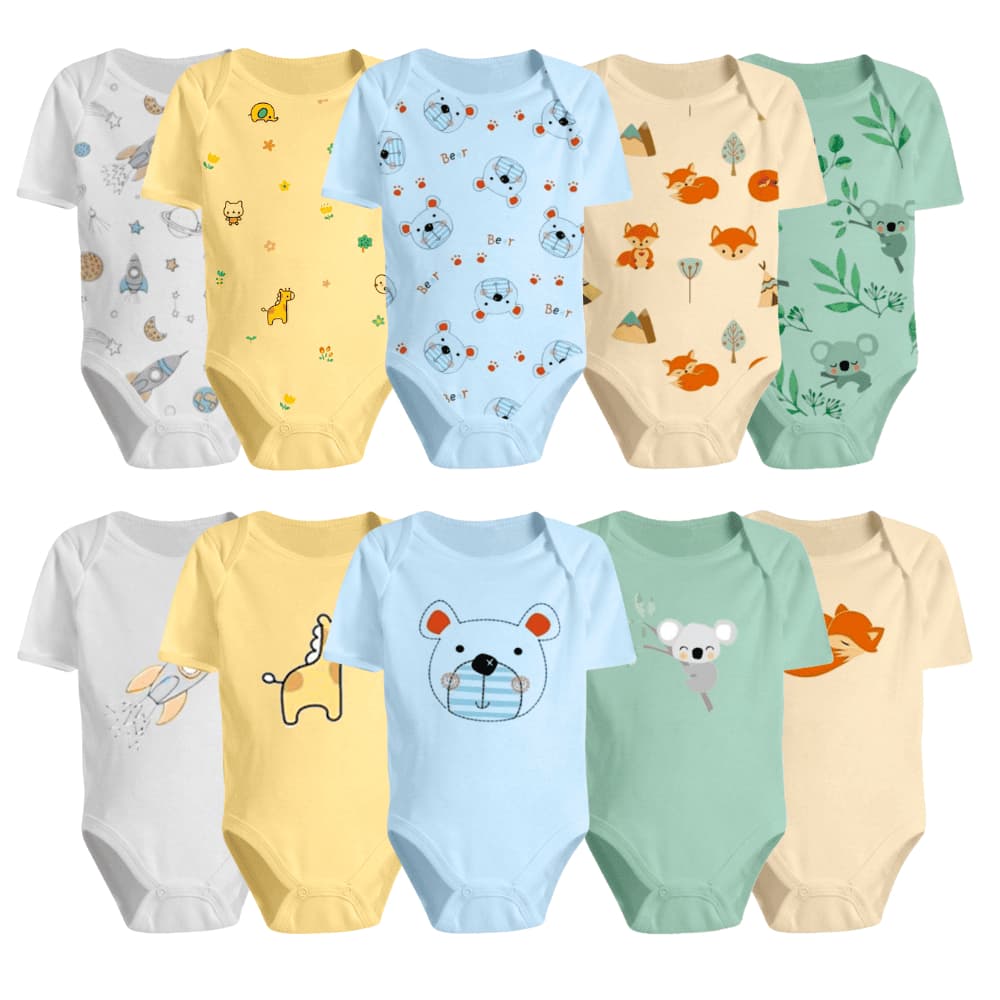 Kit 10 Peças Body Curto Estampado Roupa Bebê Menino e Menina