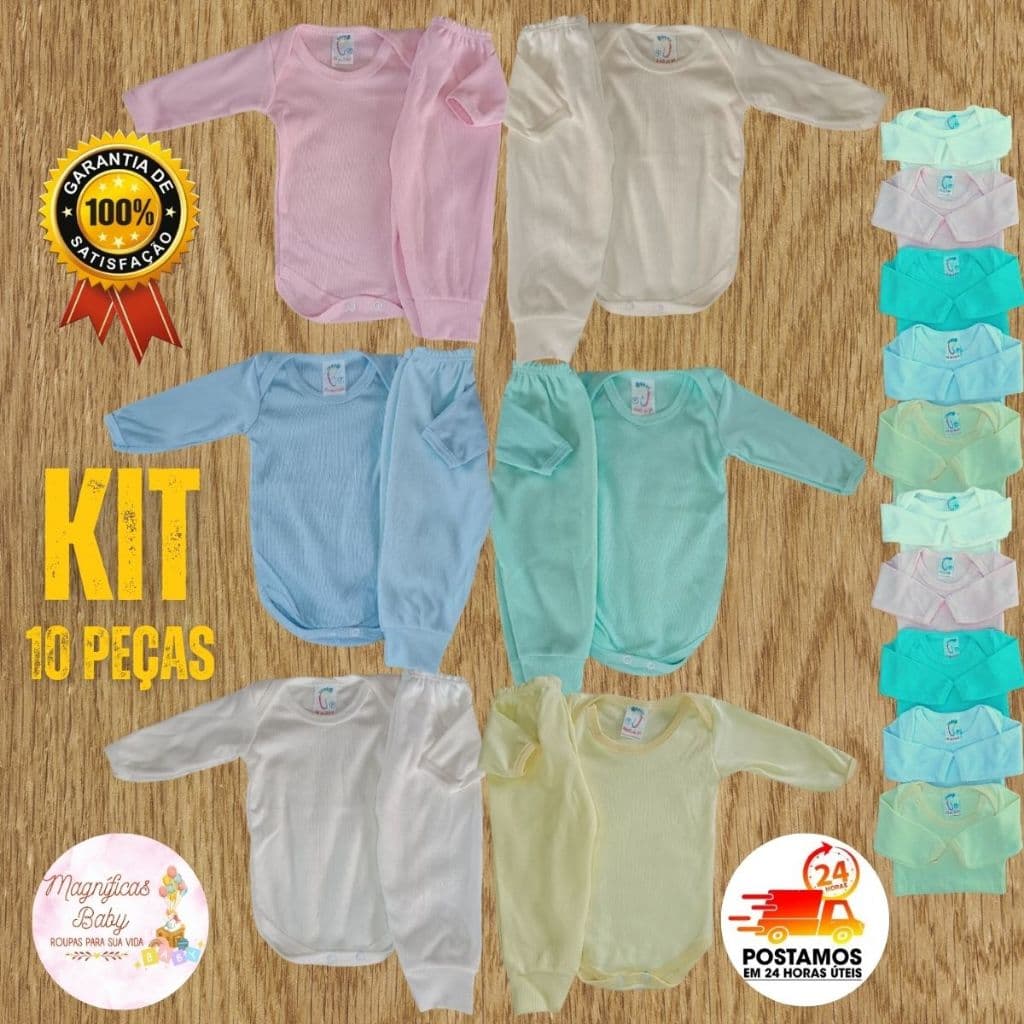 Kit 10 Peças Body Bebê Manga Longa Canelado + Mijão Roupa Infantil Menino Menina Body Bebe