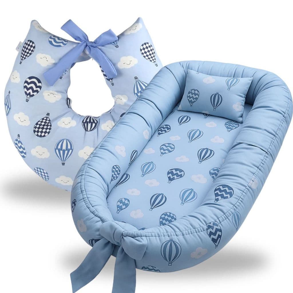 Ninho Redutor de Berço Para Bebe Menino Almofada Para Amamentação Kit 2 Peças Enxoval Balão Azul