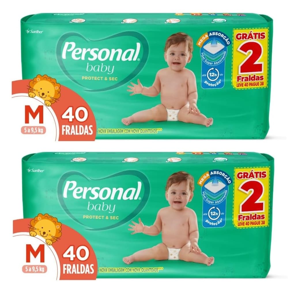 Kit 2ptes Fralda Personal Baby M 5 a 9,5 kg - 40un - Total 80 unidades MEGA AB.2