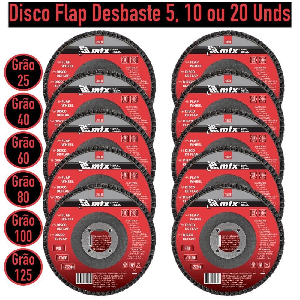 Kit Disco Lixa Desbaste FLAP 115mm p/ Esmerilhadeira Aço Inox Madeira 4 e 1/2 pol