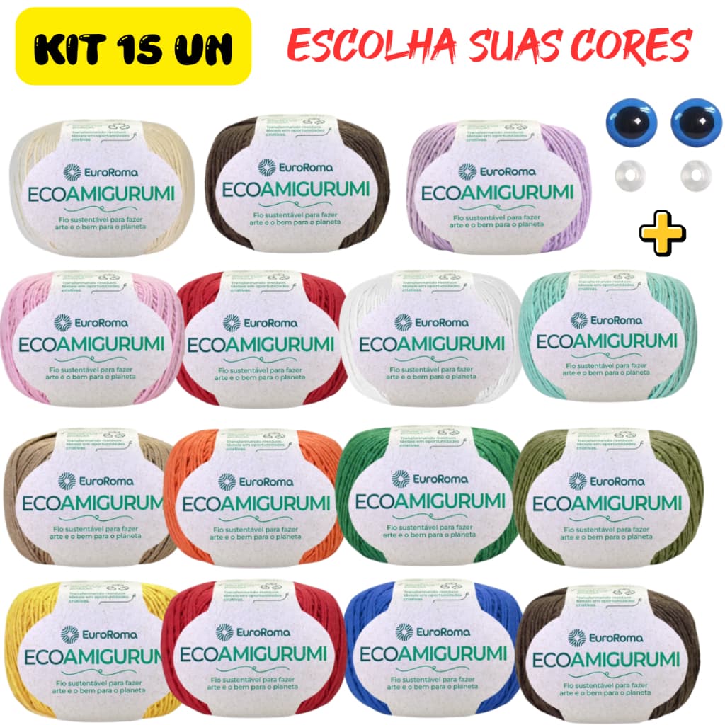 Kit 15 Linhas Ecoamigurumi Novelo 254 Metros 516 TEX Euroroma Amigurumi Crochê Tricô Boneco Biquínis