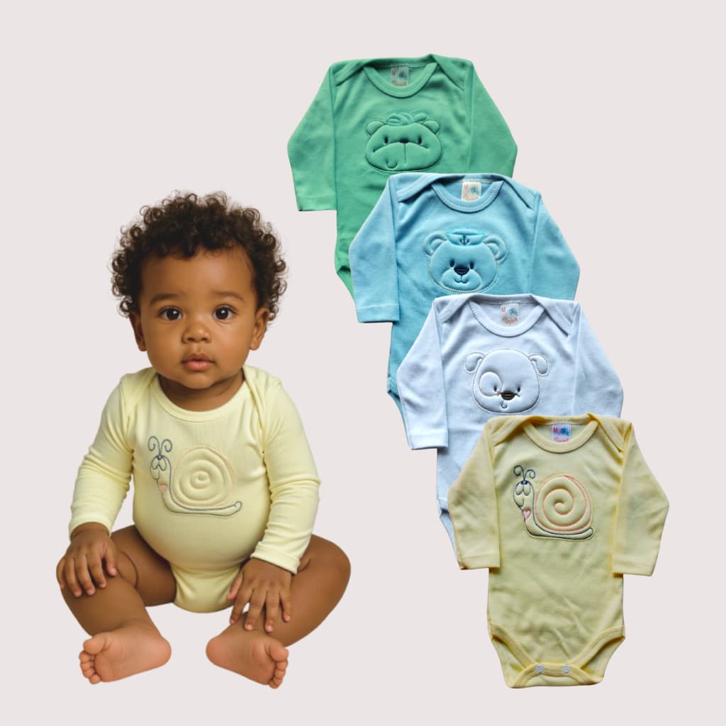 Kit 4 Body Bebe Bordado Manga Longa 100% Algodão  Estampa de Bichinho Menino Menina