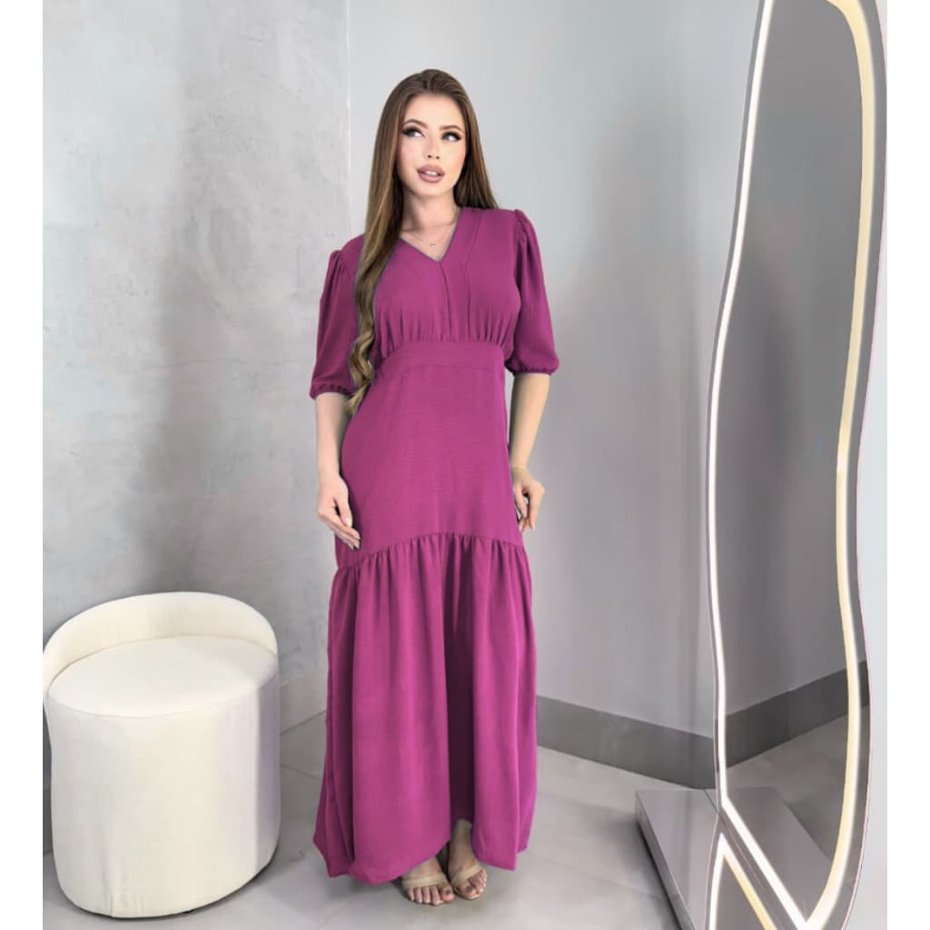 Vestido Longo Liso Duna Manga Feminino Saia Rodada e Elastico Costas Festa Evangelico