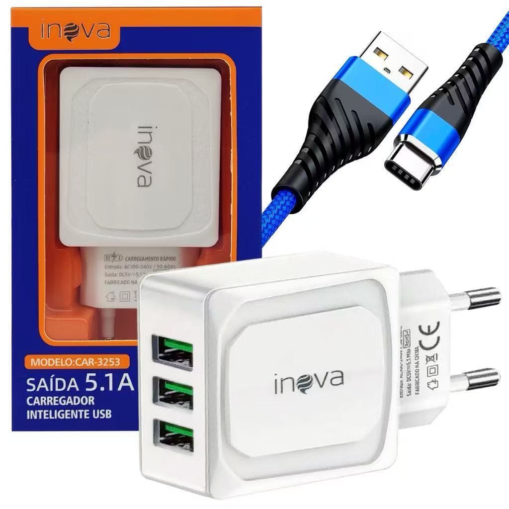 Carregador celular rápido 5.1a entrada tipo-c/ v8/ iphone  3 usb inova prime