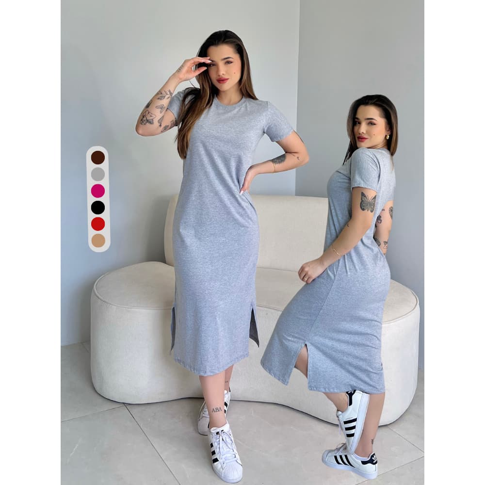 Vestidos Feminino Midi Fenda Lateral Manga Curta Soltinho Casual Confortável Algodão