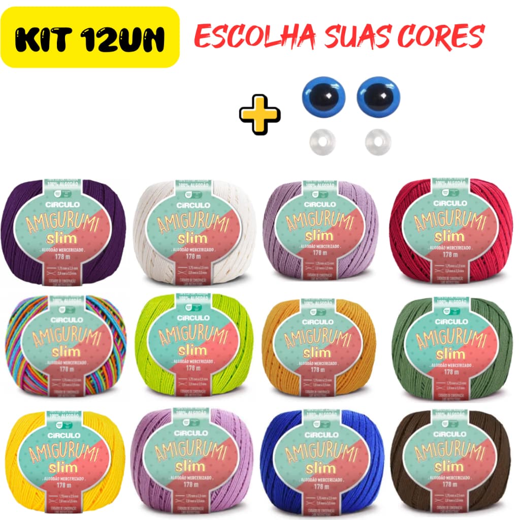 Kit 12 Linha Fio Amigurumi Slim Círculo 70g Algodão Novelo 178 Metros Peças Finas Detalhes Crochê