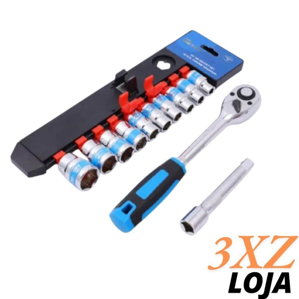 Jogo De Soquete Sextavado 1/2 Catraca 12 Peças 10 a 22mm com Extensão - 3XZ LOJA