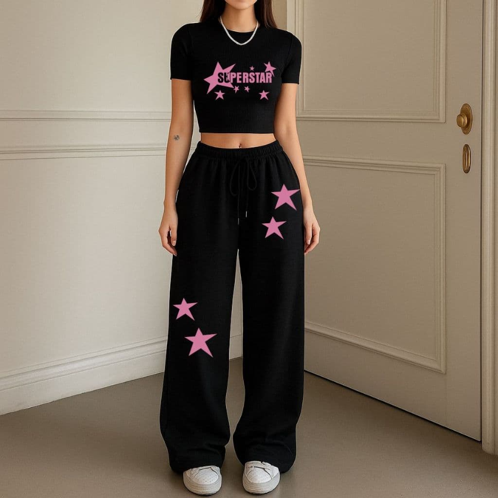 Conjunto Feminino Streetwear Cropeed Calça Moletom Baggy SuperStar Star Casual Tendencia