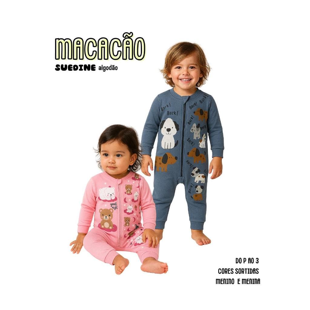 Macacão Roupa Bebê Longo Menino Menina Punhos Ziper Protetor Algodão Suedine Confortável P ao 3