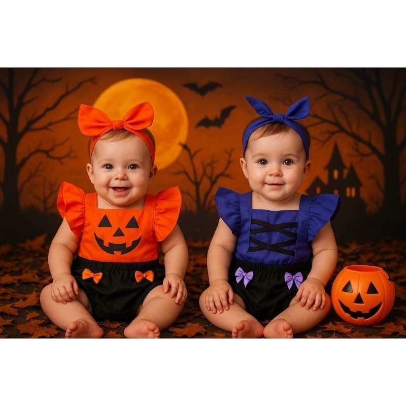 Romper Vestido Hallowen + Faixa De Cabelo Jardineira Temático Mesversário Body Bebê Menina Ensaio Fotográfico Halowen
