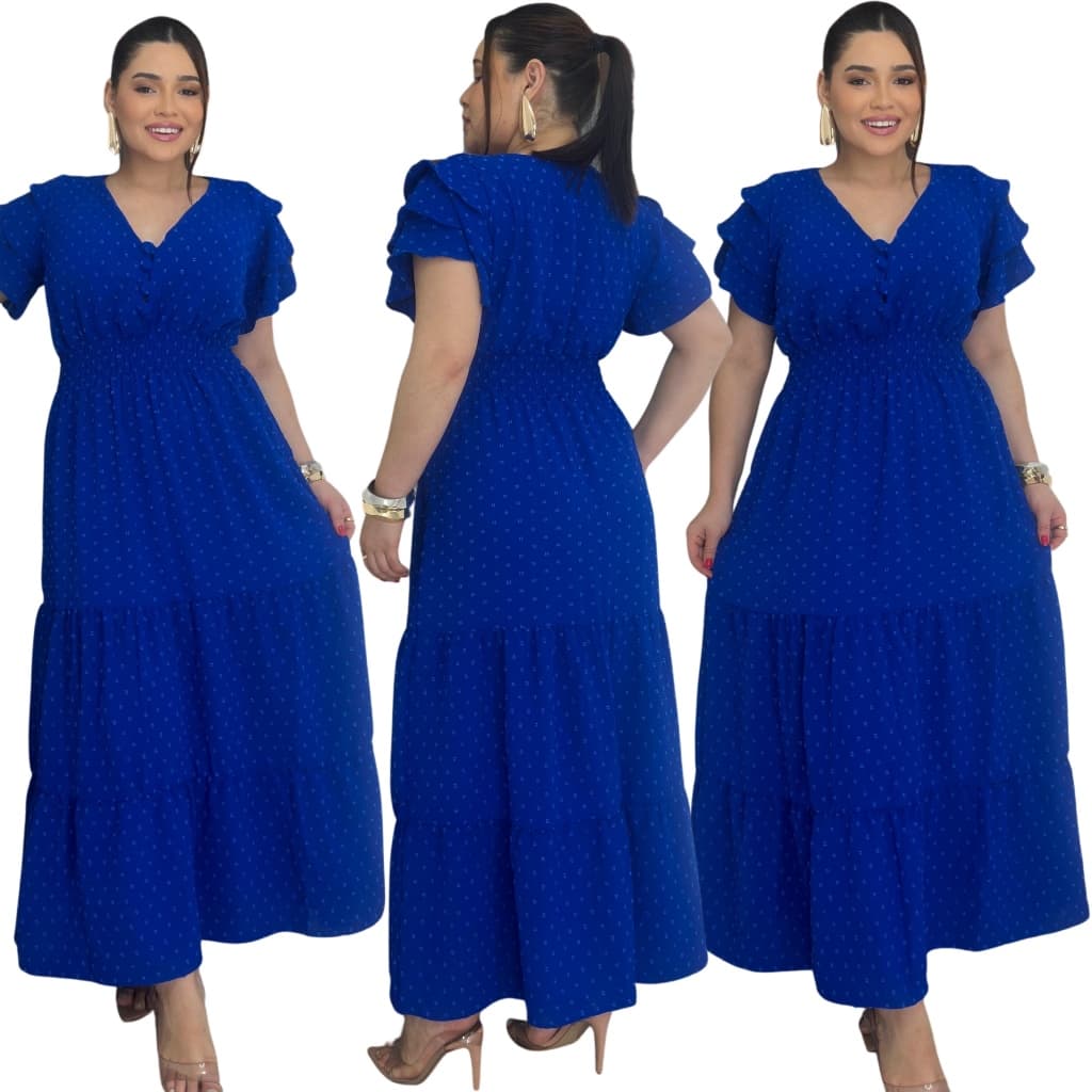 Vestido Feminino Longo Plus Size com Bojo, Lastex na Cintura e Botões – Moda Feminina