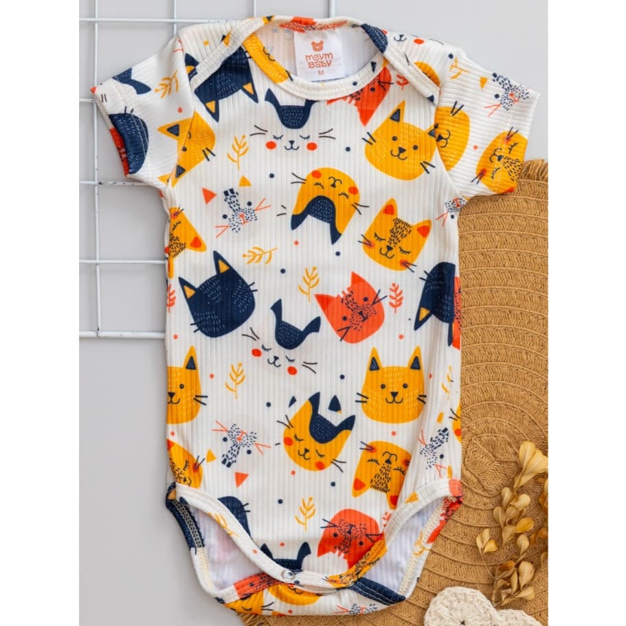 Body Bebê Canelado Verão Infantil Manga Curta Estampa Gatos Menino Menina