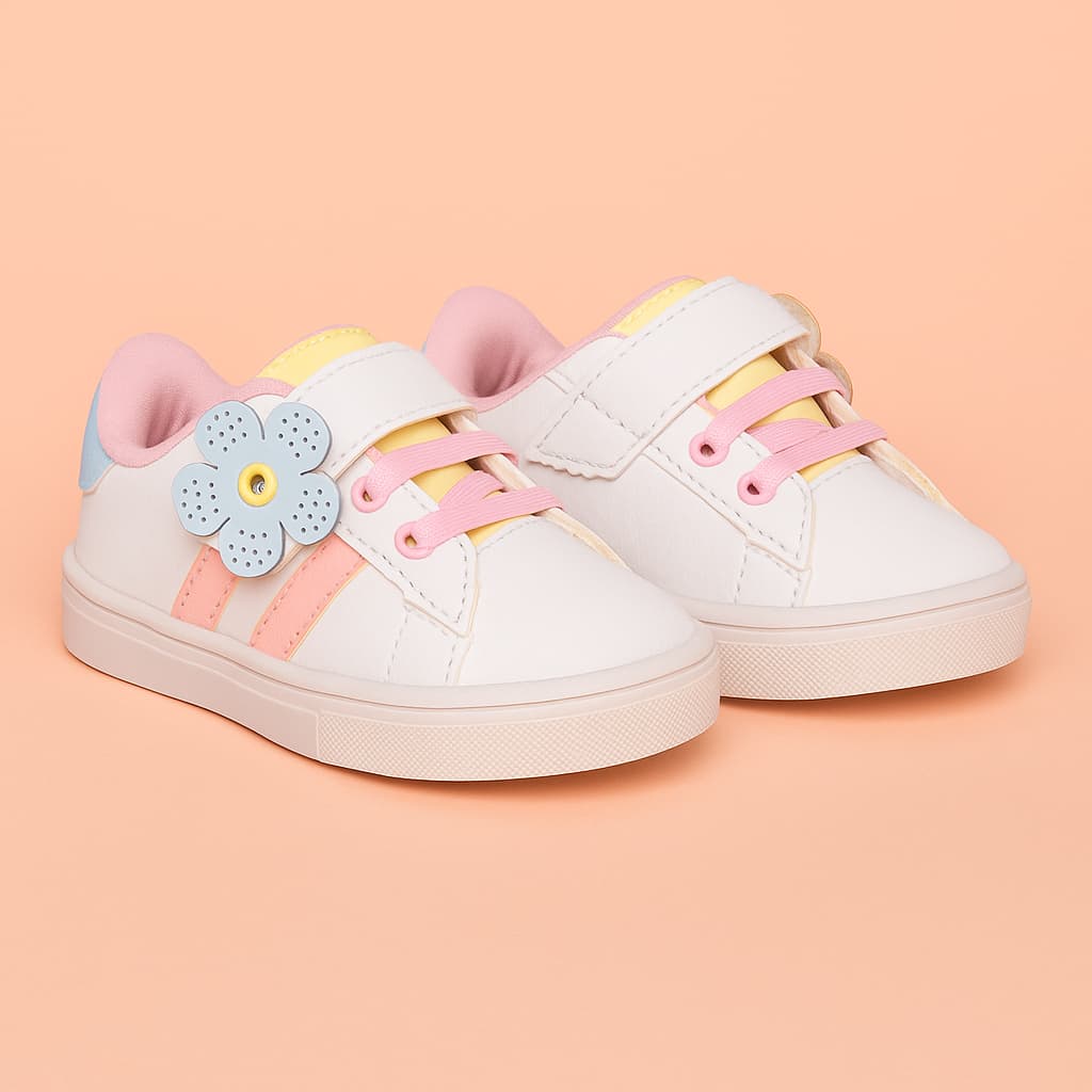 Tênis Baby Feminino Menina Branco Elástico Tiras Detalhe Flor Confortável