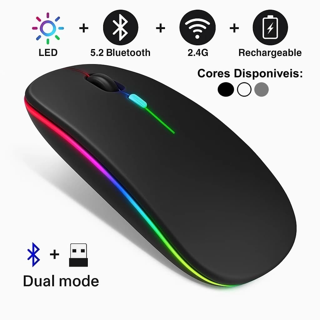 Mouse Sem Fio com Bluetooth Recarregável Wireless Led Rgb Ergonômico TECNO