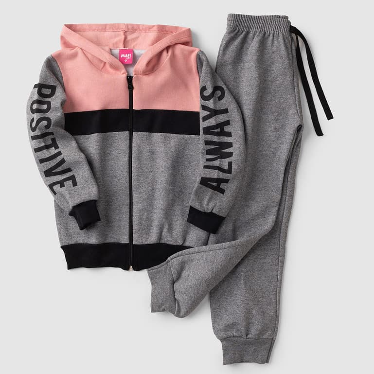Conjunto Infantil Moletom Menina com Capuz e Ziper Rosa Chumbo e preto