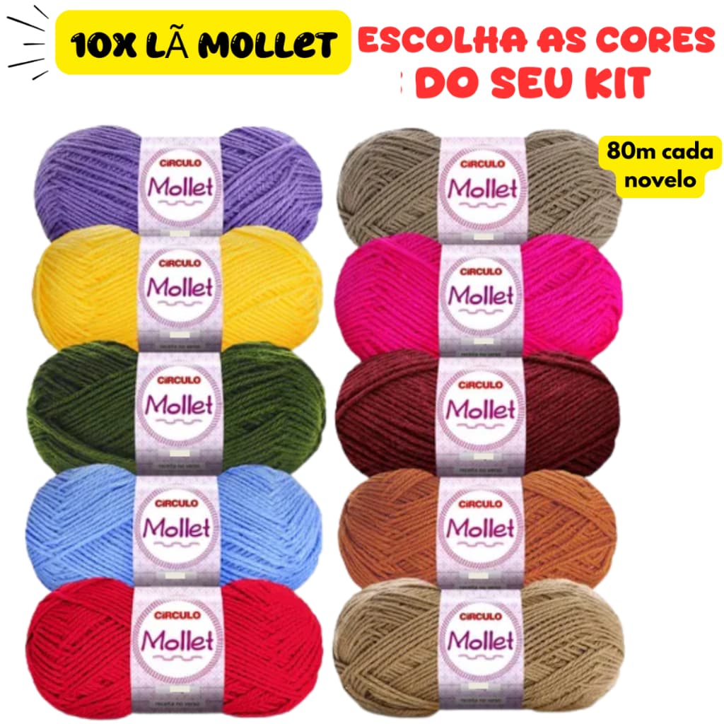 Kit Lã Mollet Círculo 10 Novelos 500 Tex e 80 Metros 100% Acrílico Crochê Cachecol Touca Amigurumi