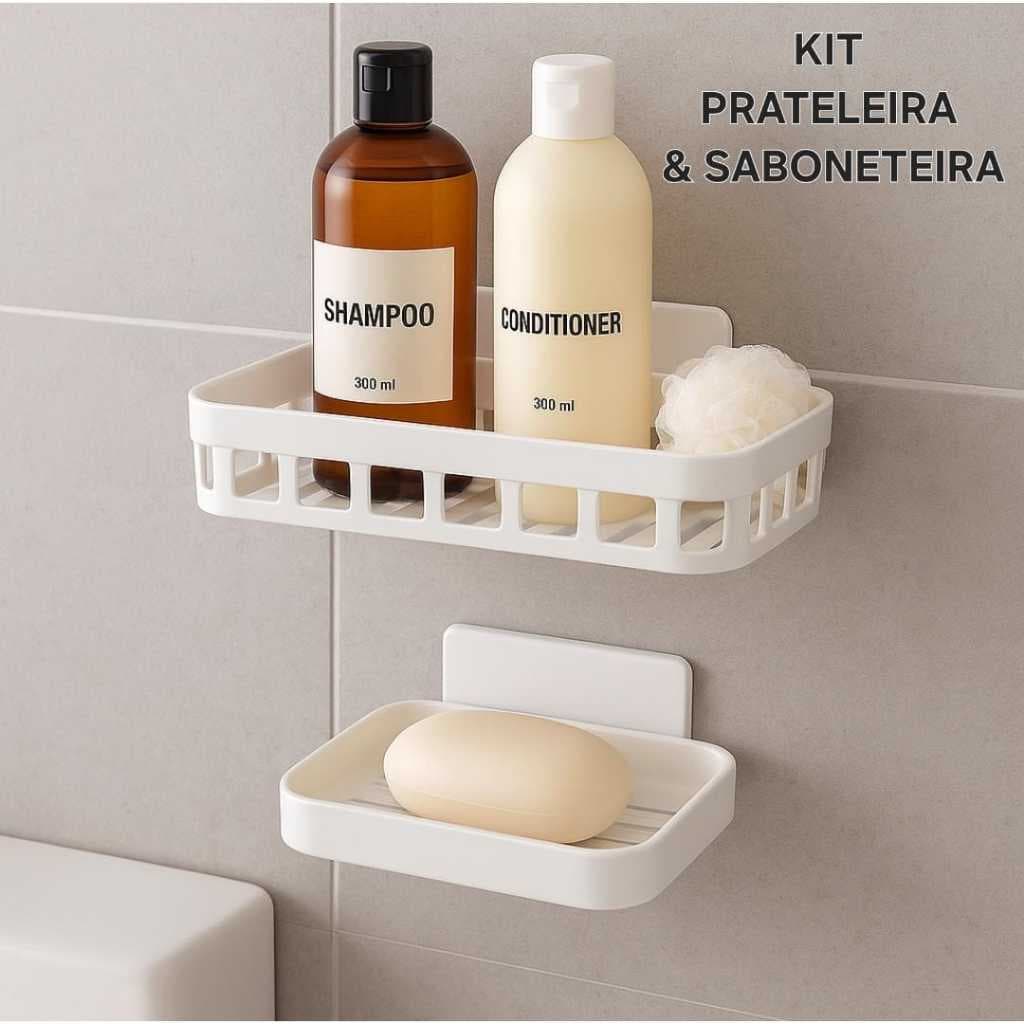 KIt Com 1 Saboneteira Auto-Adesivo Para Parede  Sem Furo  + Prateleira  Organizador Shampoo Banheiro Cozinha