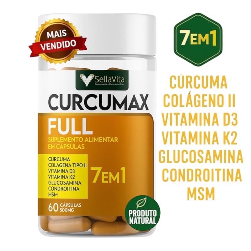 CurcuMax Full 7em1 - Cúrcuma + Colágeno Tipo II + Vitamina D3 + k2 + Glucosamina + Condroitina + MSM  - SellaVita 60Caps