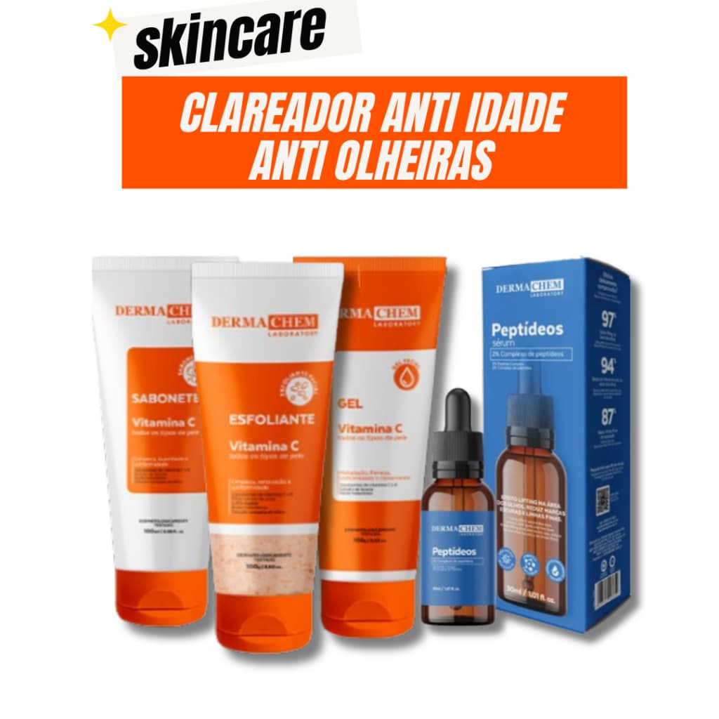 Kit Skincare Vitamina c Anti-idade Dermachem + Sérum Peptideos Anti-Olheiras Dermachem - 4 ITENS