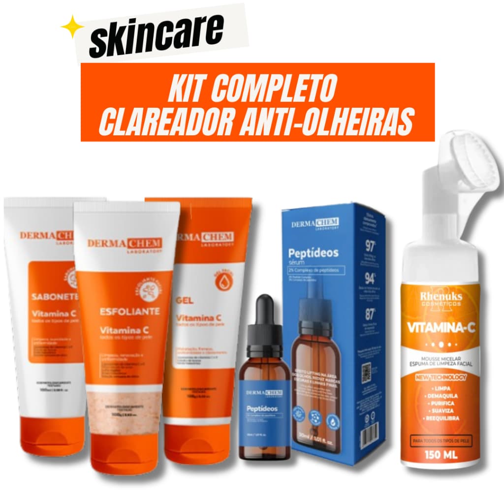 Kit Skincare Vitamina c Anti-Idade Dermachem + Sérum peptideos + Mousse Micelar Limpeza Facial 150ml